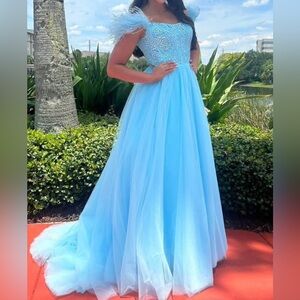 Sherri Hill blue Ballgown with feather trim size 10.